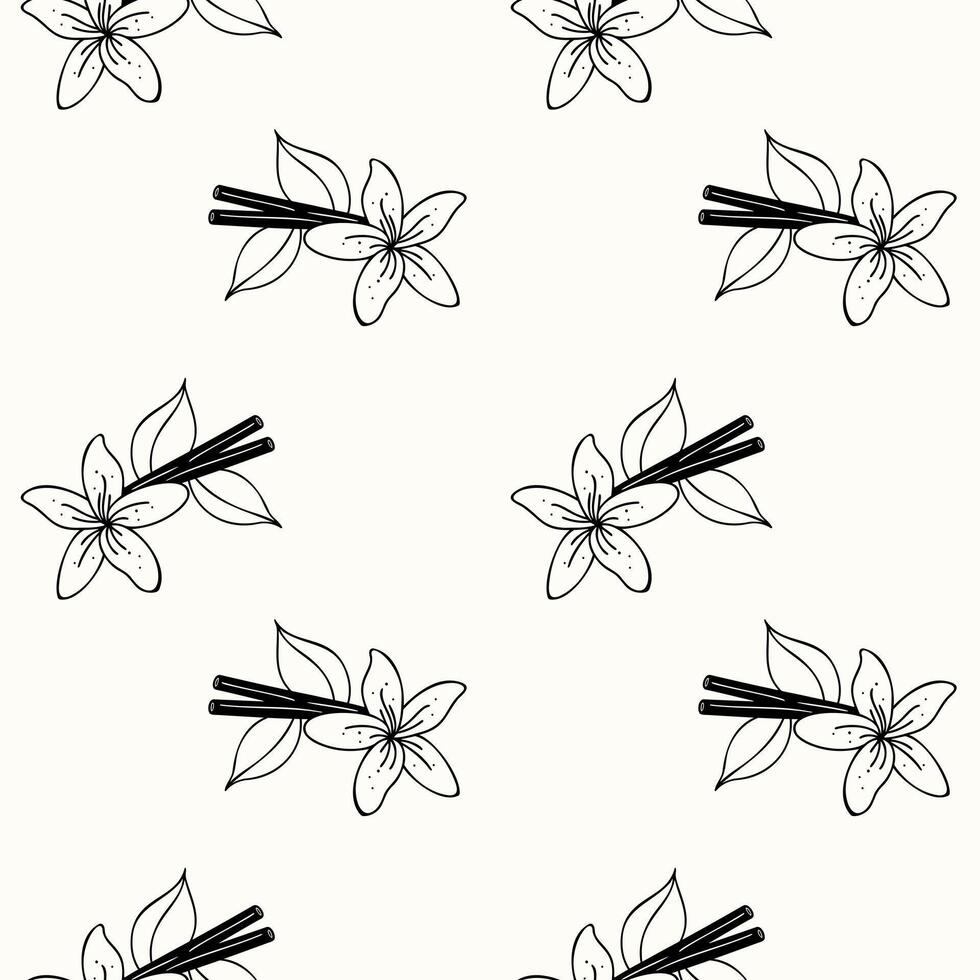 Pattern with cinnamon sticks and vanilla flower doodle outline drawing on pastel beige background vector