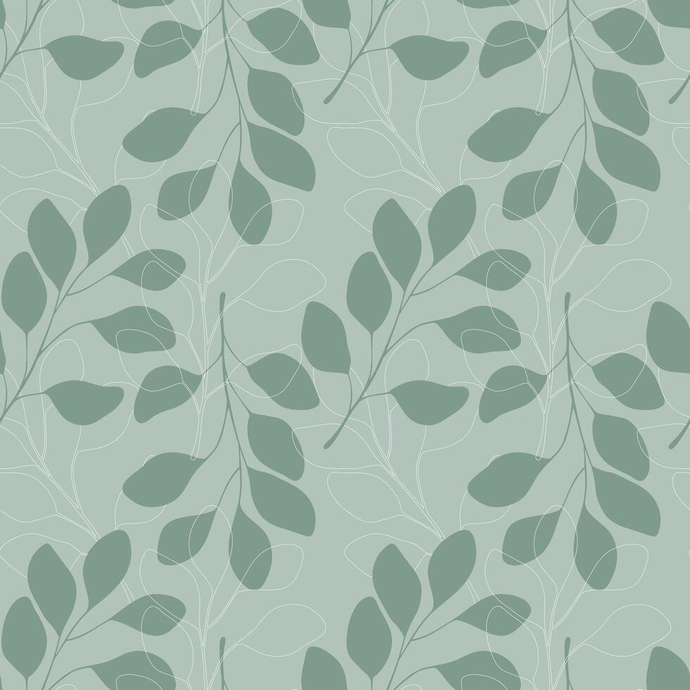 Eucalyptus branches pattern, leaves silhouette and contour on green pastel background. vector