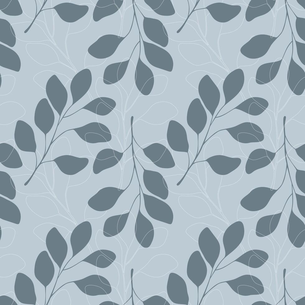 Eucalyptus branches pattern, leaves silhouette and contour on blue pastel background. vector