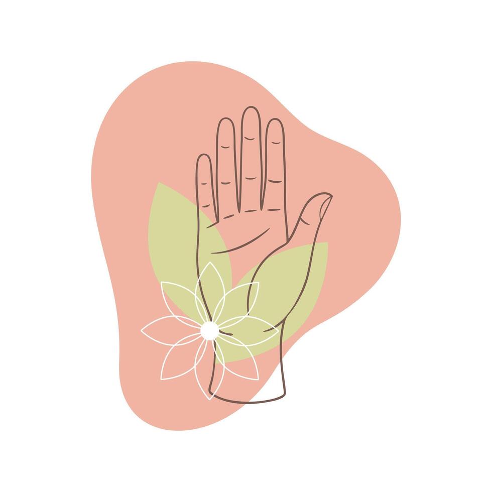 Womans hand is surrounded by leaves and flower, beauty design element, care and spa procedures, beauty and manicure salon, logo or icon. vector