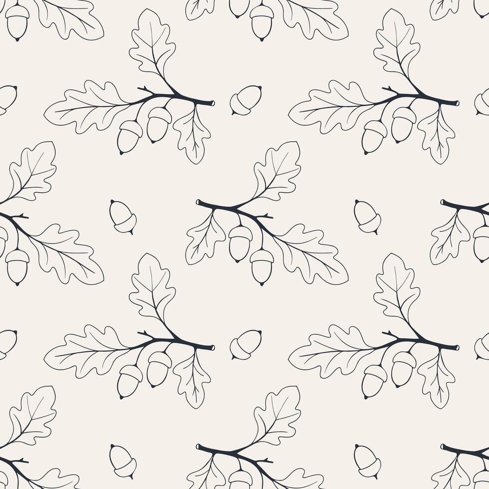 Pattern acorn oak branch, contour drawing oak on beige background. vector