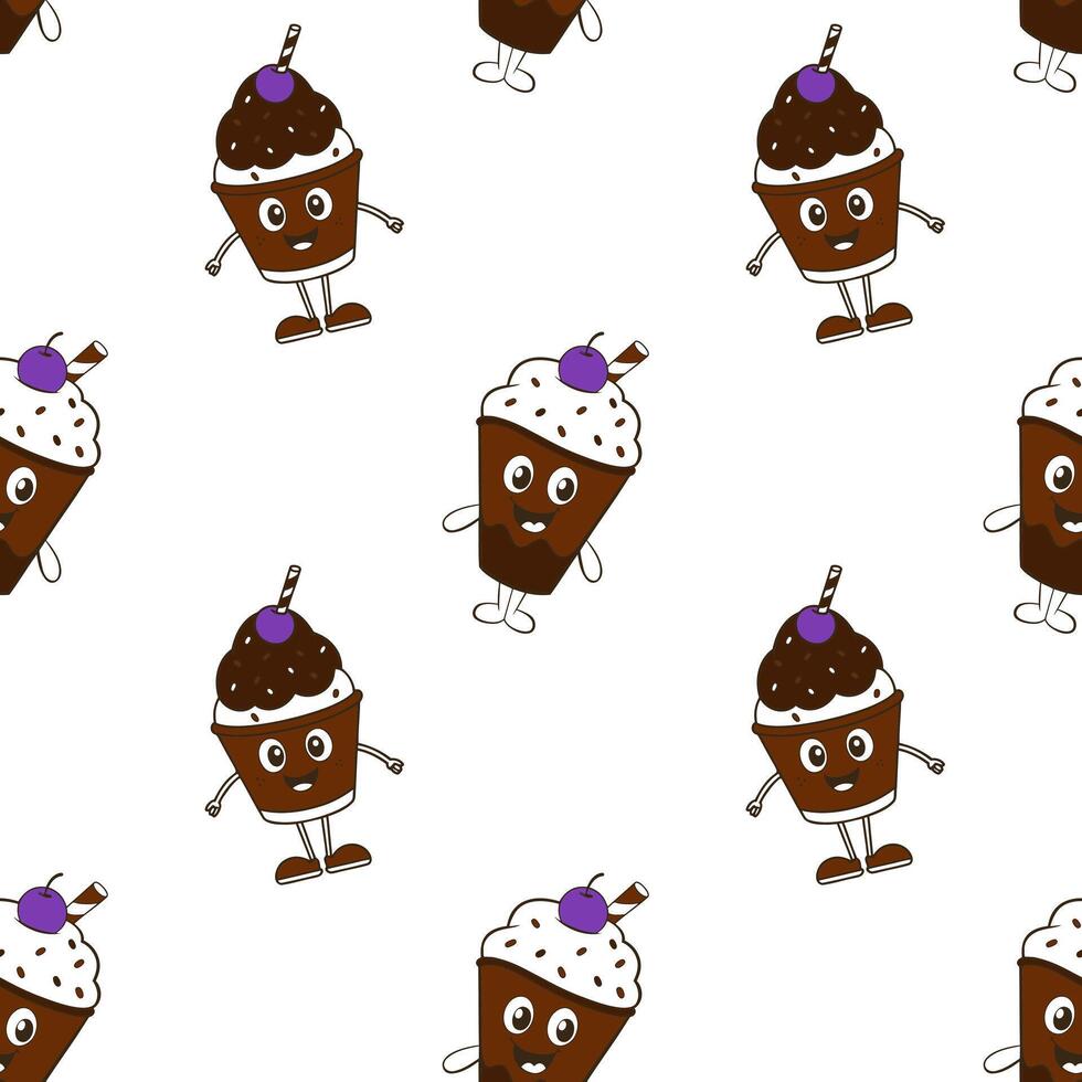 Pattern with chocolate Ice cream and blueberry, on white background. Cartoon style drawing. vector