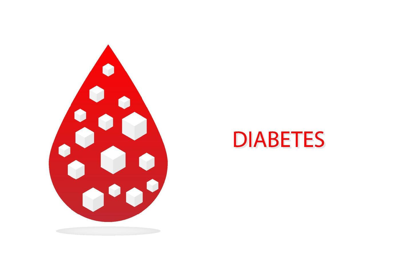 Diabete concept. High level cube of sugar or glucose in drop of red blood on a white background. vector