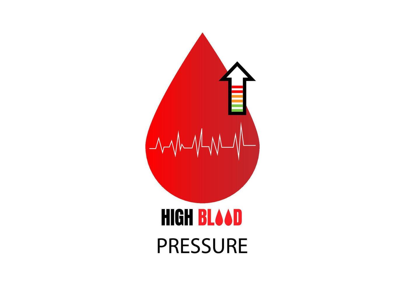 National high blood pressure concept. Red drop blood with high scale and upper arrow measure isolated on white background. For banners, card, and posters with text inscriptions. vector