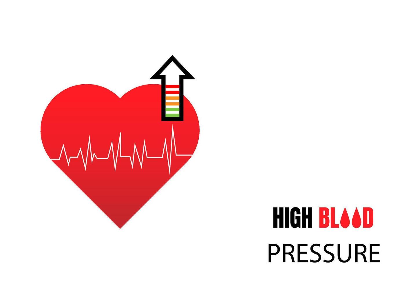 National high blood pressure concept. Red heart with high scale and upper arrow measure isolated on white background. For banners, card, and posters with text inscriptions. vector