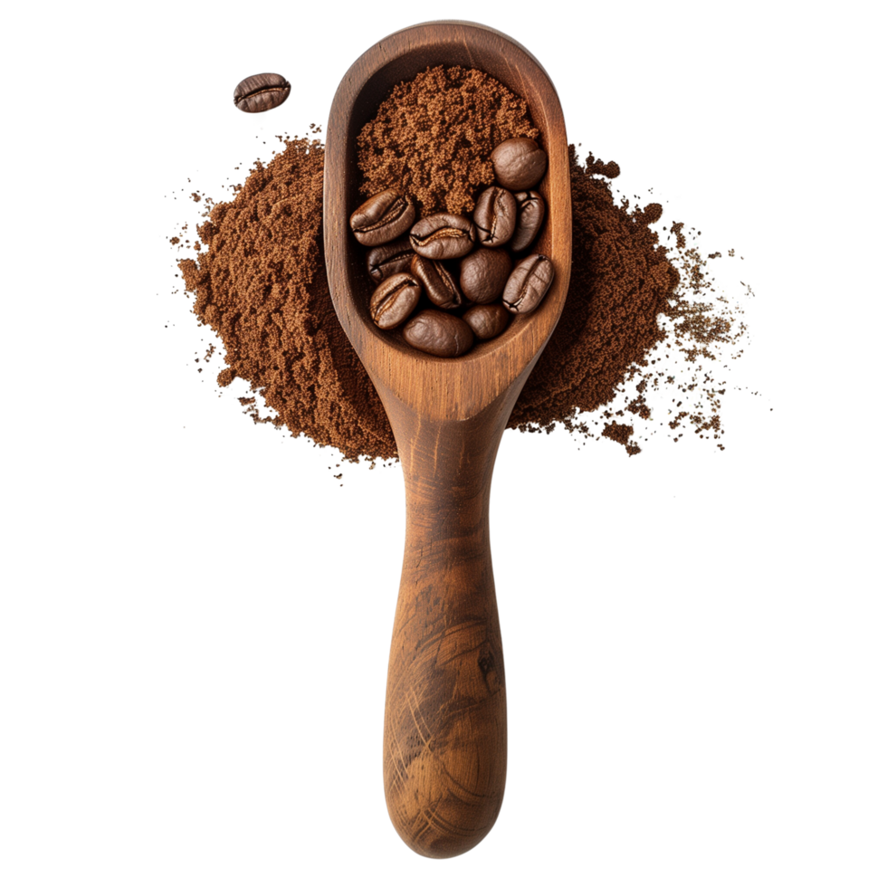 A wooden coffee scoop filled with freshly ground coffee beans isolated on a transparent background png