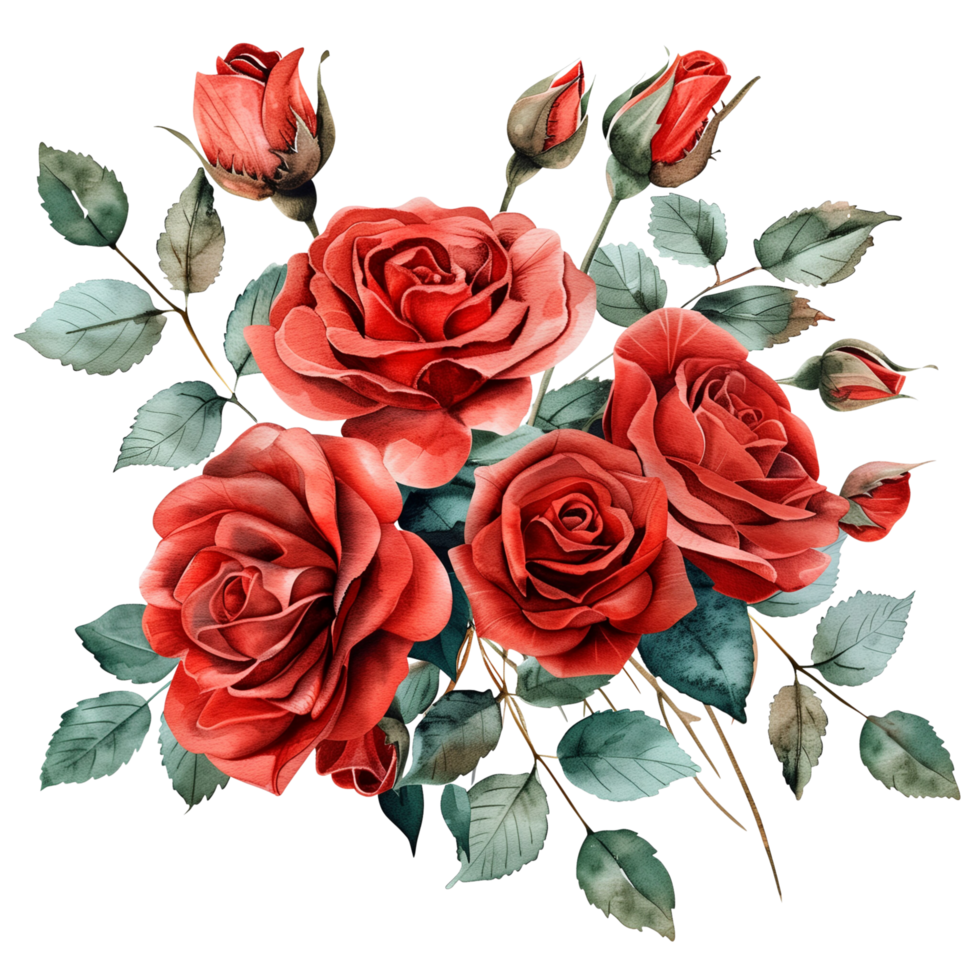 A watercolor floral bouquet composition featuring vibrant red roses isolated on a transparent background png