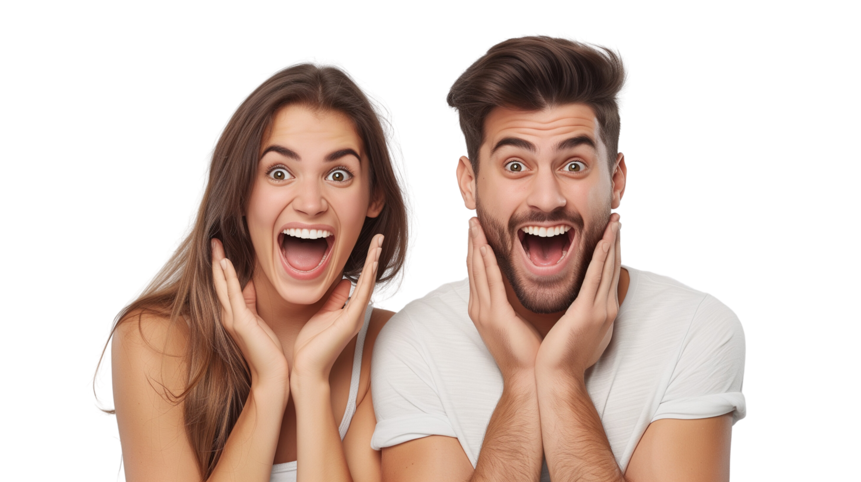 A cheerful couple of young people, both looking surprised and joyful isolated on a transparent background png