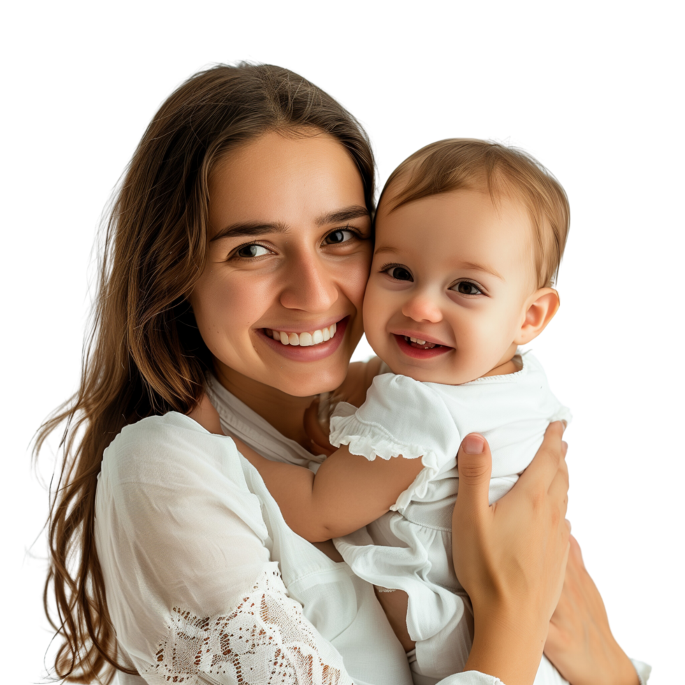 Portrait of a happy mother with a joyful smile, warmly embracing her baby girl isolated on a transparent background png