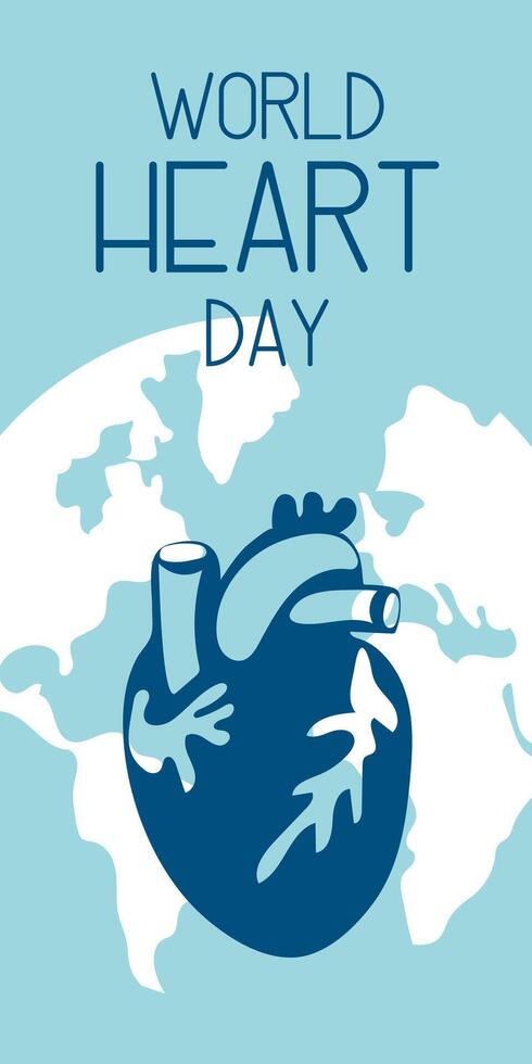 illustration on the theme of World Heart Day, which is celebrated every year on September 29 all over the world. A flat illustration like a banner with text. Vertical. Blue, white Contrast vector