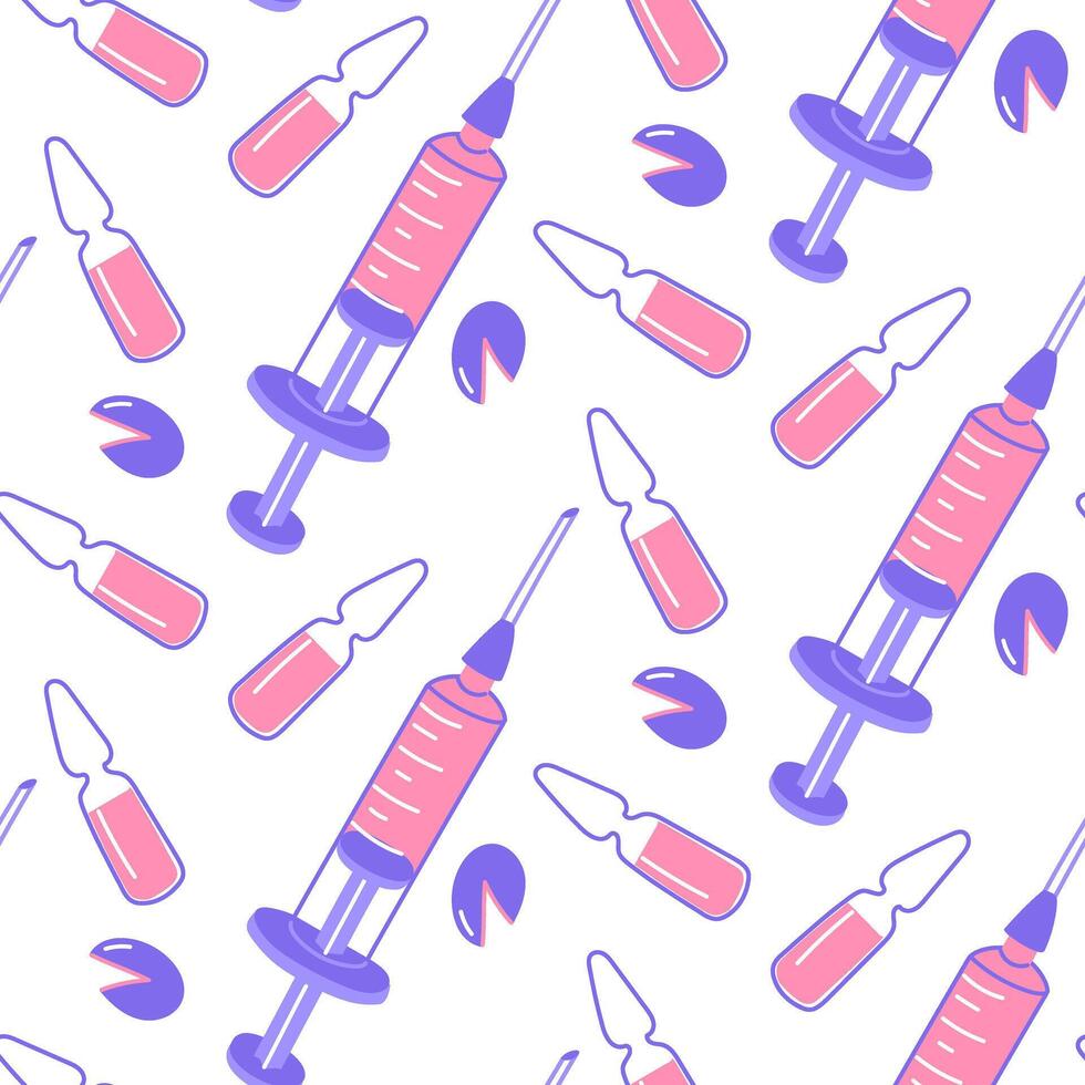 Pattern is a color flat illustration of a syringe with a medicine inside, an ampoule and a cutter. illustration made by hand in pink and blue colors. The texture of medical drug administration vector