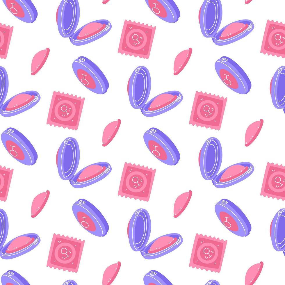 Pattern of female condoms in different poses. A flat color illustration about safe sex and contraception. The texture of the condom is of various shapes. The packaging is plastic, closed and open vector