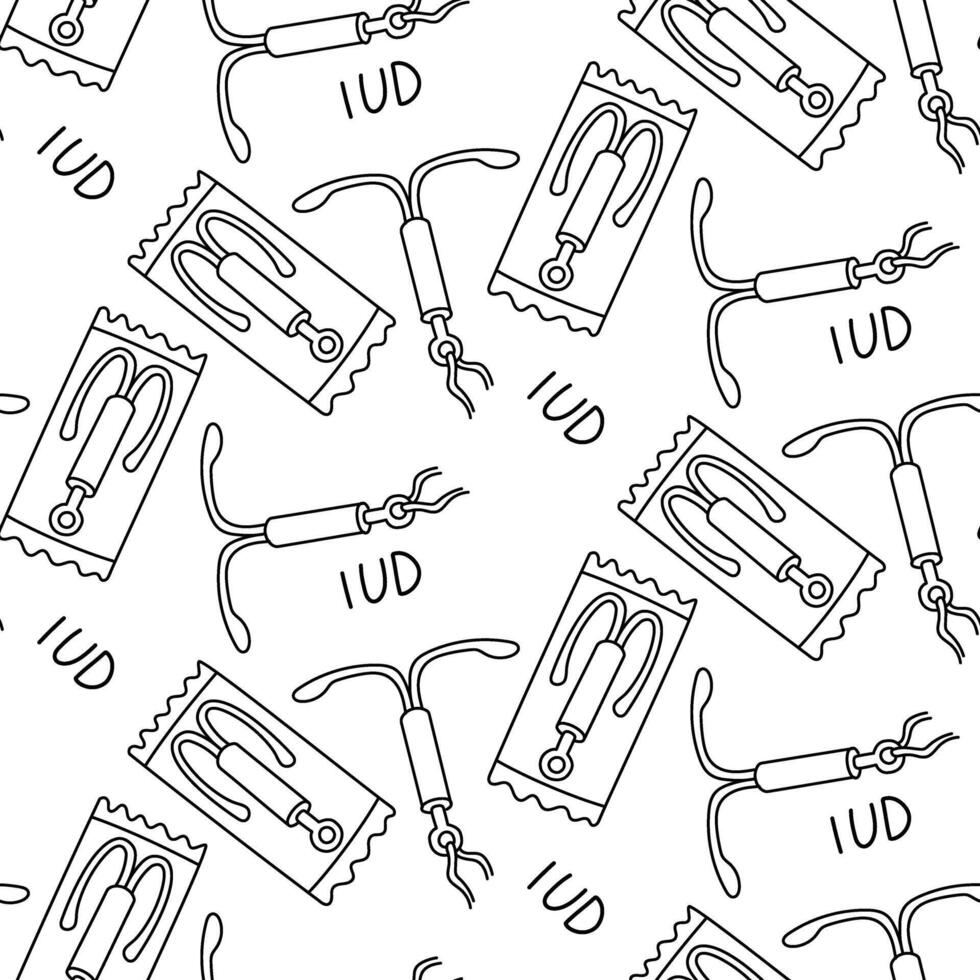 pattern of an intrauterine contraceptive device on a white IUD background. A contour-style female contraceptive. The item is packaged and separately labeled. Contraceptives, sex education vector