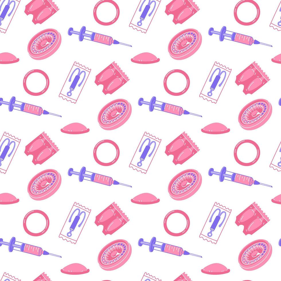 Pattern of birth control. Texture of colored flat contraceptive icons in blue and pink colors. contraceptives. Injection, iud, suppositories, ring, female condom, pills. Individual elements vector