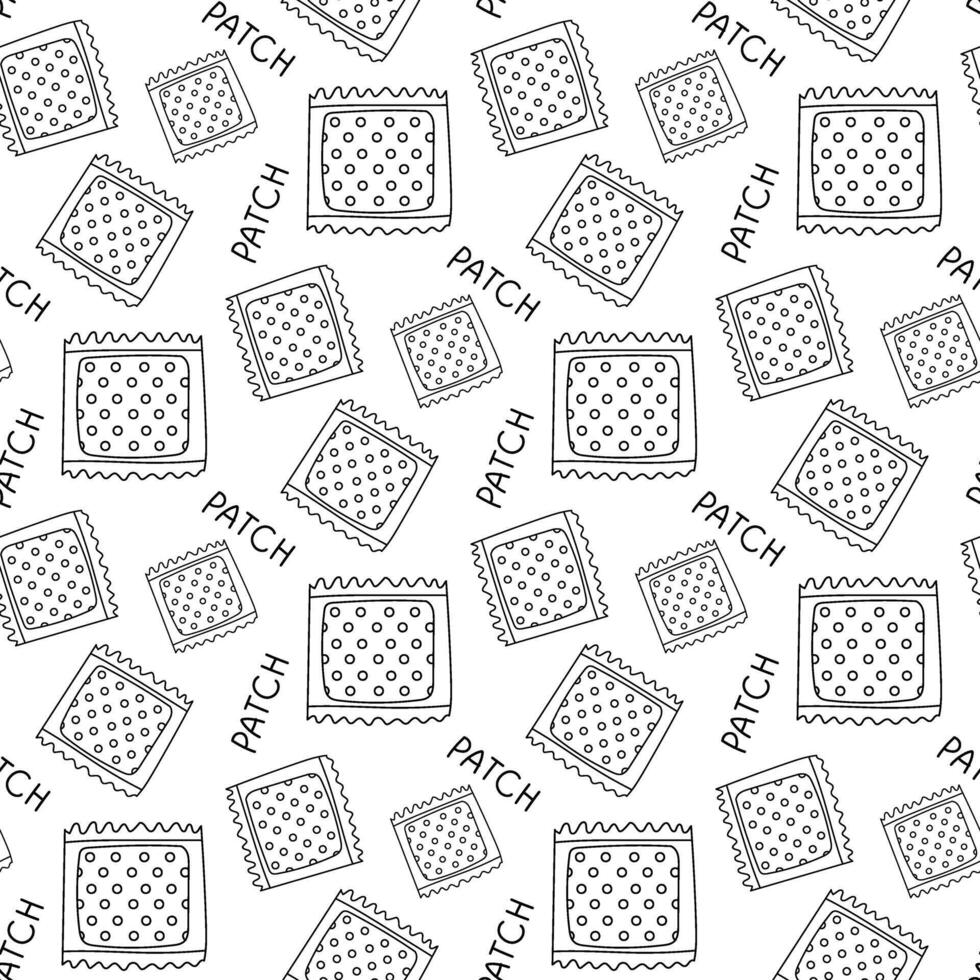 Pattern of the drawings is a linear patch in the package. Band-aid, transdermal patch, nicotine patch, contraceptive patch, Body adhesive. Outline illustration of a black line on white vector