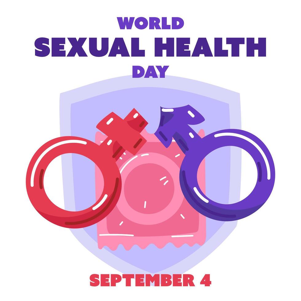 World Sexual Health Day concept September 4. Square banner. A flat illustration with contraceptives and male and female sex symbols in pink and blue against the background of a condom and a shield. vector