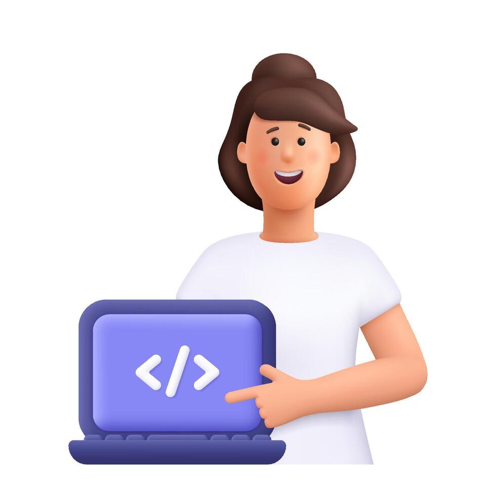 Woman pointing to laptop computer with code symbol. Girl programmer ...
