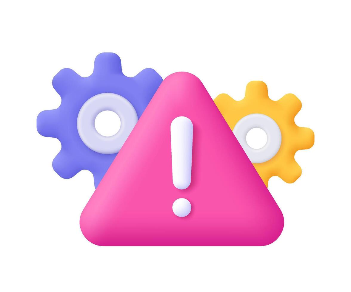 Warning exclamation mark in triangle with gear wheel settings sign. Caution, problem, process setting, risk management and analysis concept. 3d icon. Cartoon minimal style. vector