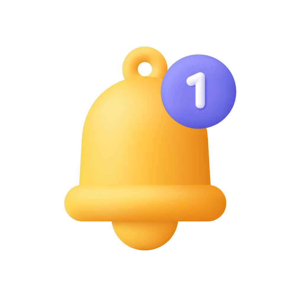 Bell reminder with one new notification. Social media, notification message, alert and alarm symbol. 3d icon. Cartoon minimal style. vector