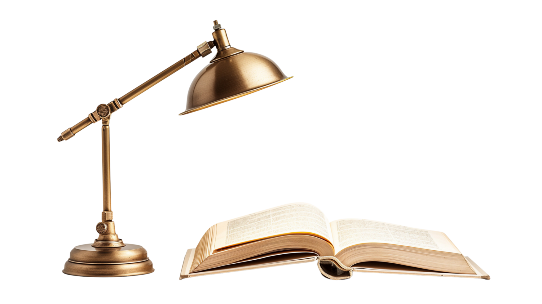 A classic brass desk lamp casting a warm light on an open book, isolated on a transparent background png