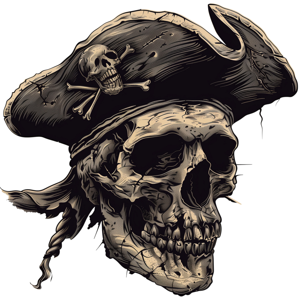 A detailed graphic of a weathered pirate skull with a tricorn hat, isolated on a transparent background png