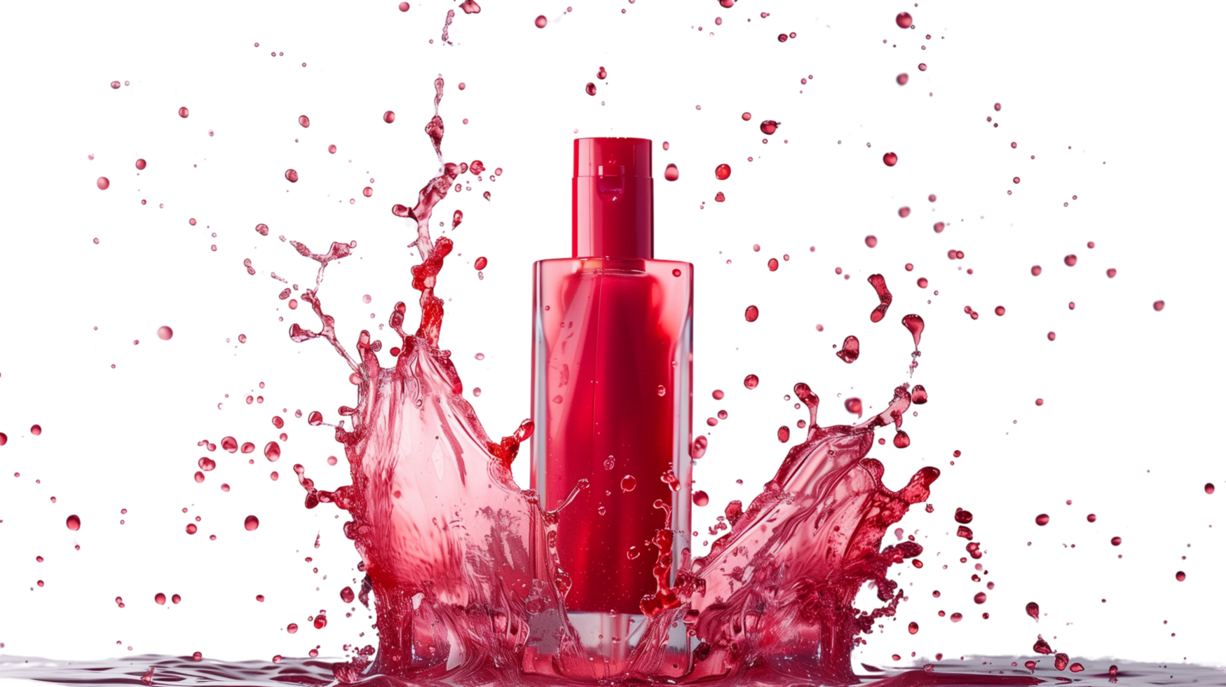 A creative composition featuring a red liquid foundation splashing out of its glass bottle, frozen in mid-air isolated on a transparent background png