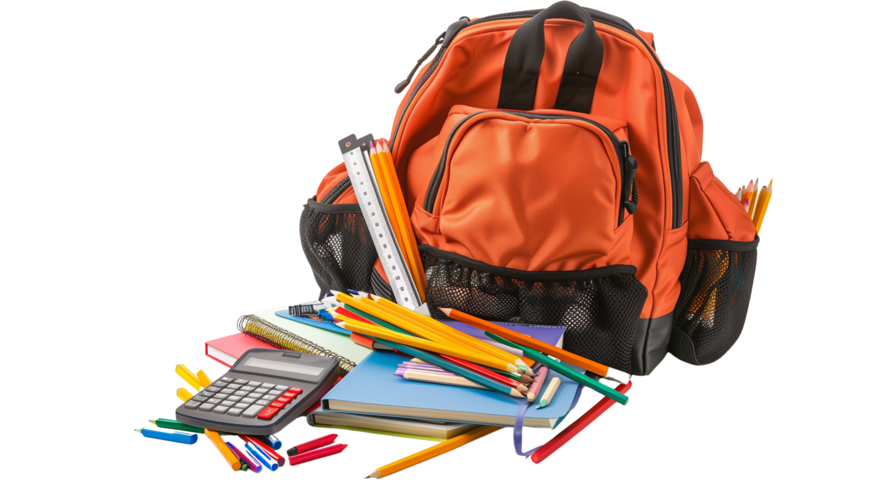 A Brainwave Academy branded backpack with various school supplies spilling out, including pencils, rulers, and a calculator, isolated on a transparent background png