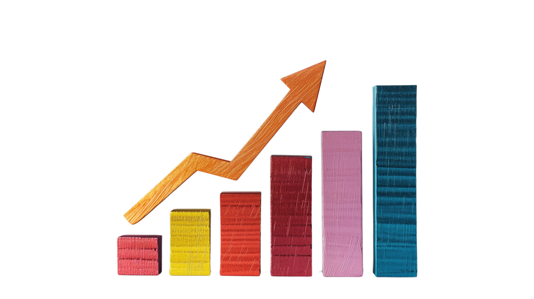 A five-column sales growth chart with an up arrow isolated on a transparent background png