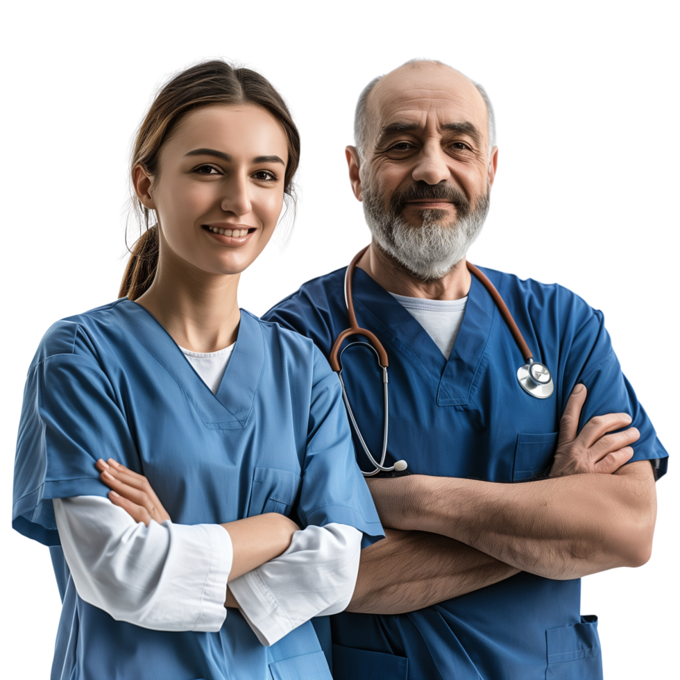 A doctor and nurse together, showing pride in their jobs, arms crossed, isolated on a transparent background png