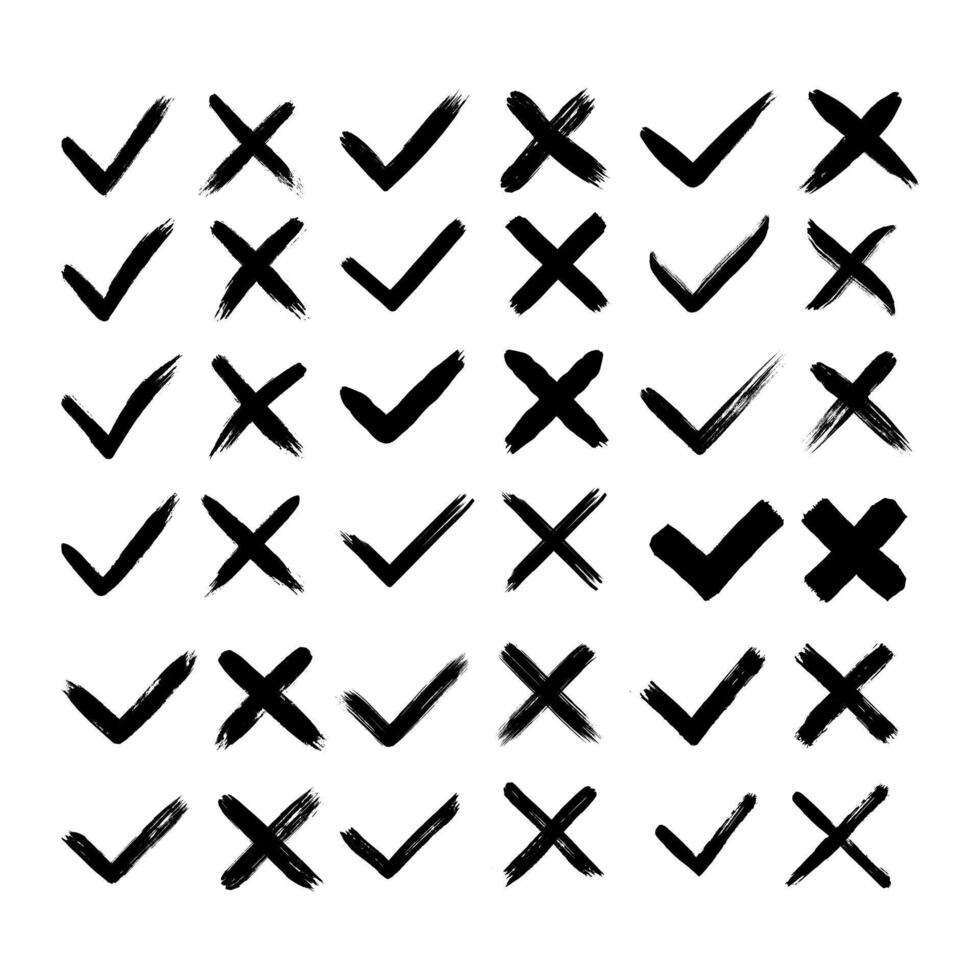 Grunge hand drawn brush strokes cross X and tick OK check marks V illustration set vector