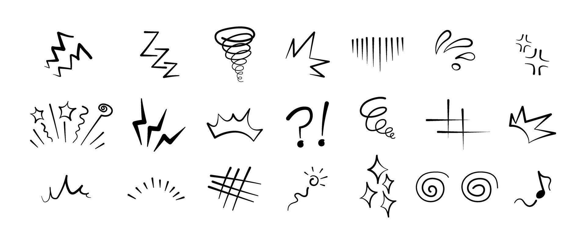 Anime comic emoticon element graphic effects hand drawn doodle illustration set isolated on white background. Cartoon style manga doodle line expression scribble anime mark collection. vector