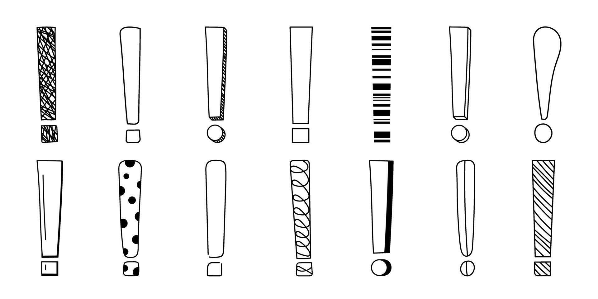 Doodle exclamation mark hand drawn sketch illustration set isolated on white background. vector