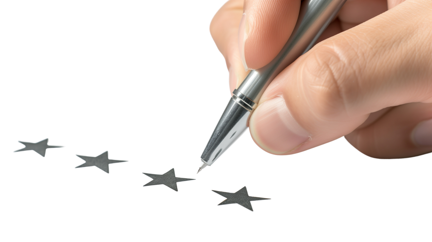 A hand writing a five-star review on a feedback card, isolated on a transparent background png