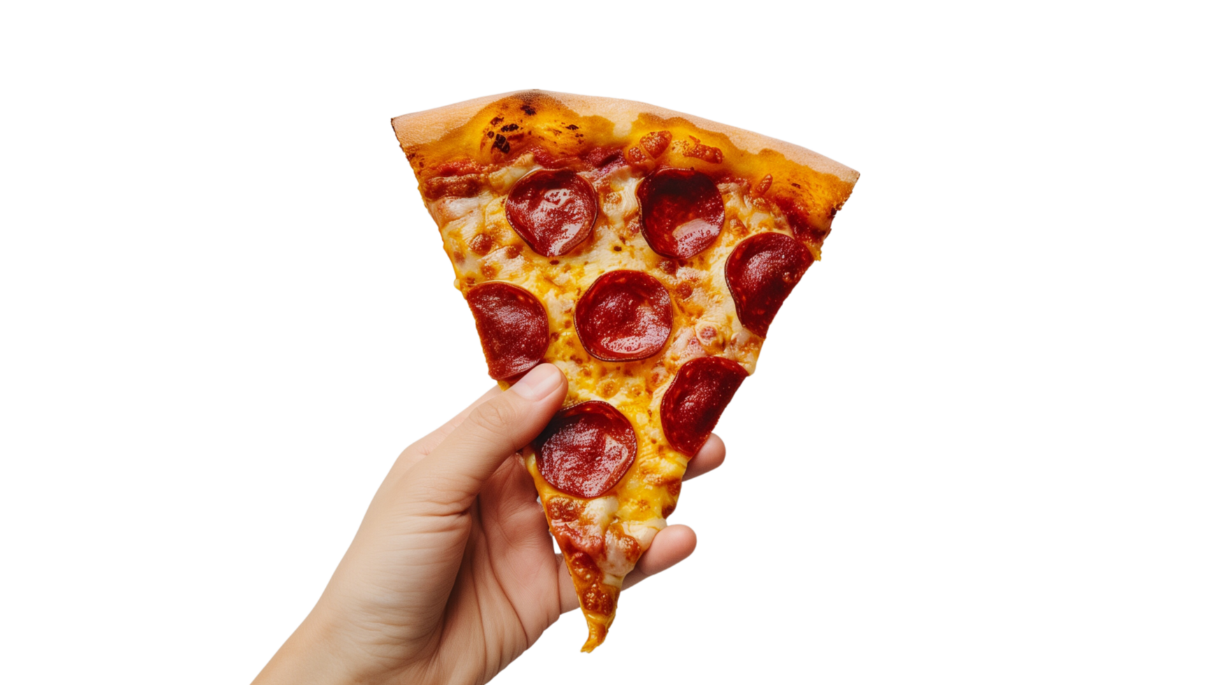 A hand holding a delicious slice of pepperoni pizza isolated on a transparent background png