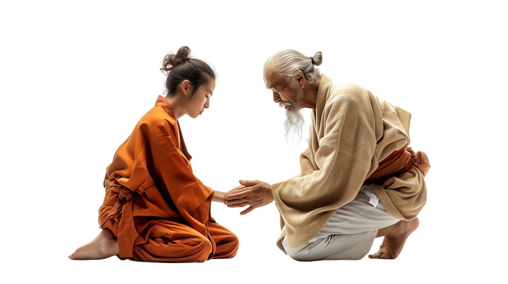 A devoted disciple kneeling before a wise guru receiving blessings, isolated on a transparent background png