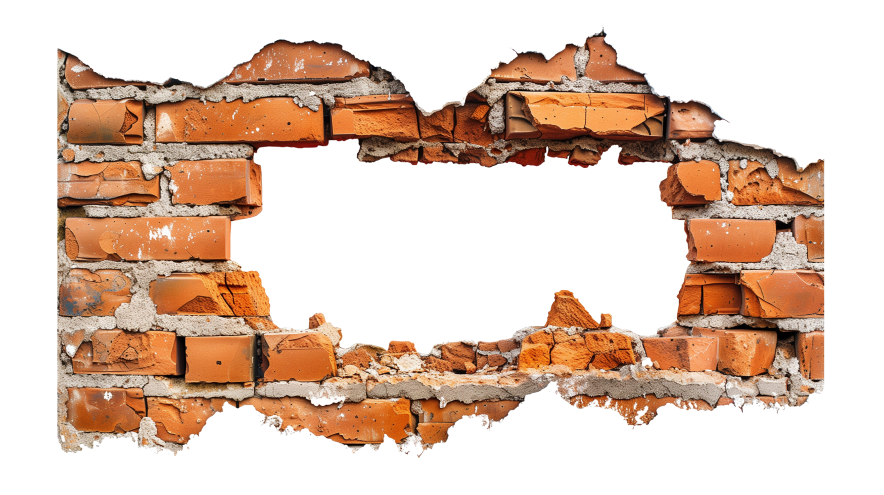 A hole in a broken brown brick wall isolated on a transparent background png