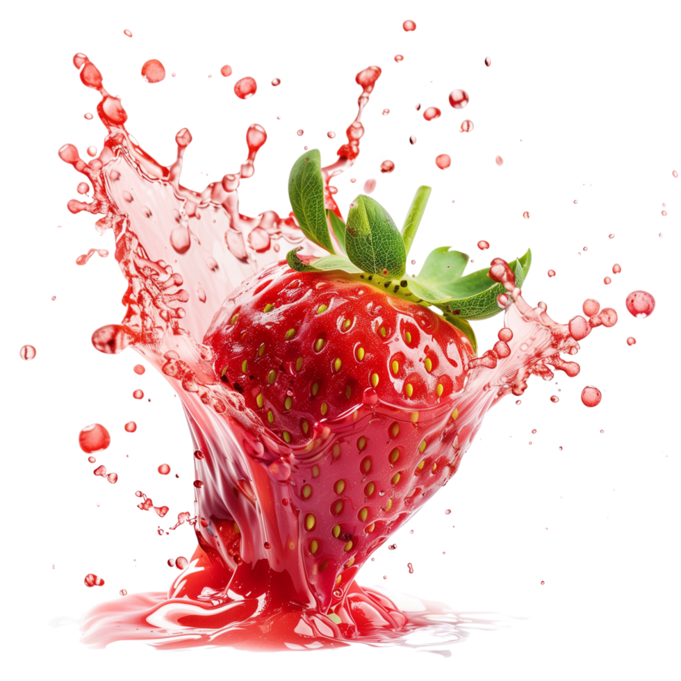 A fresh strawberry with vibrant strawberry juice splashing around it, isolated on a transparent background png