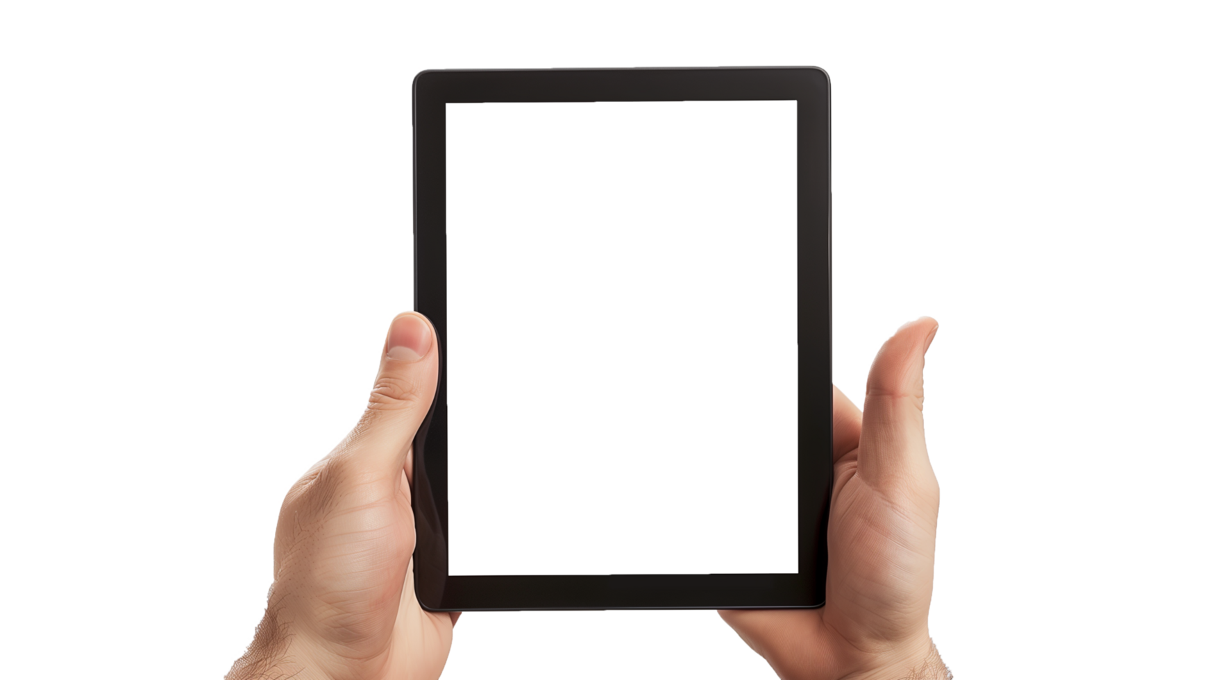 A male hand holding a tablet computer with a blank white screen, isolated on a transparent background png
