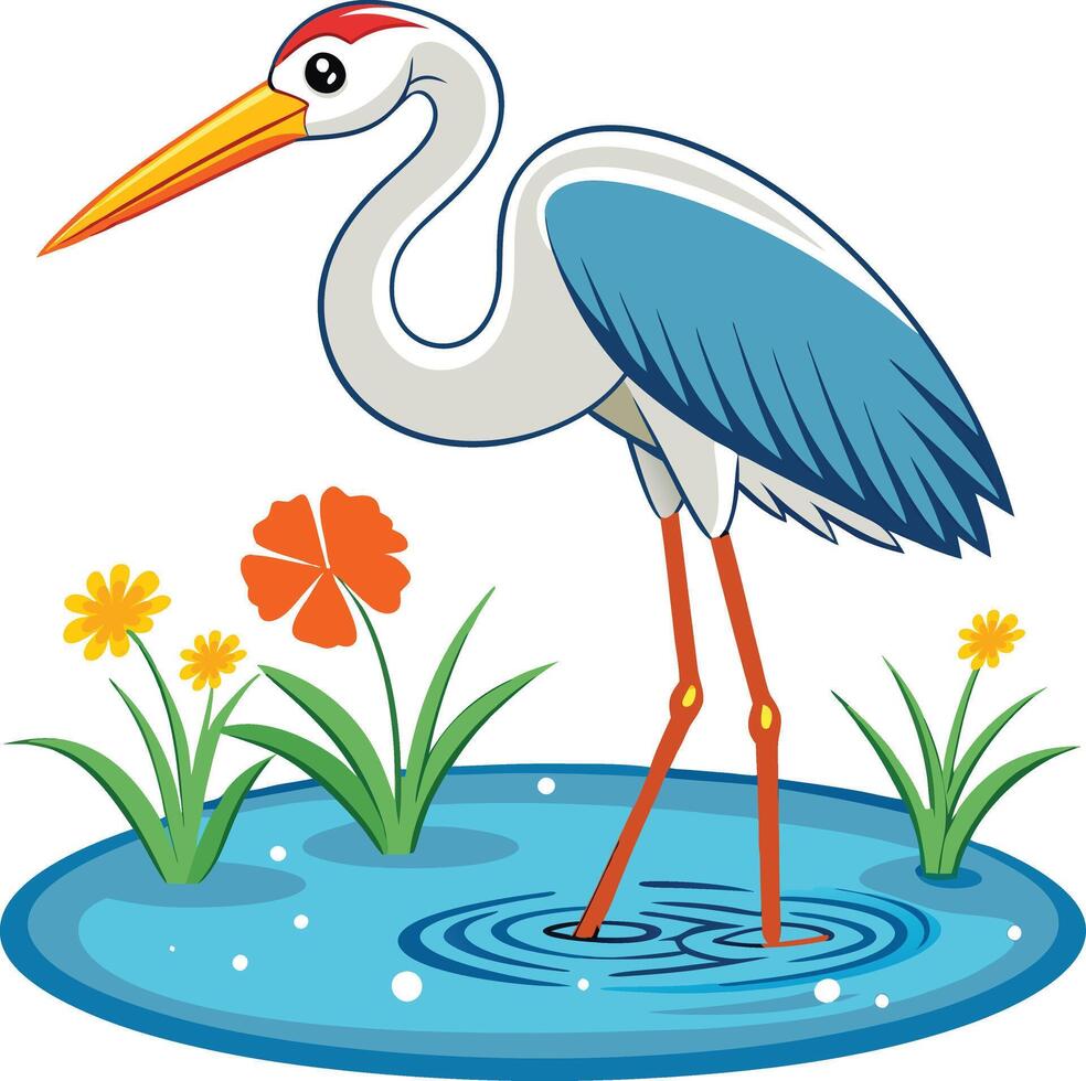 A Illustration of a stork hunting small fish in a water canal vector