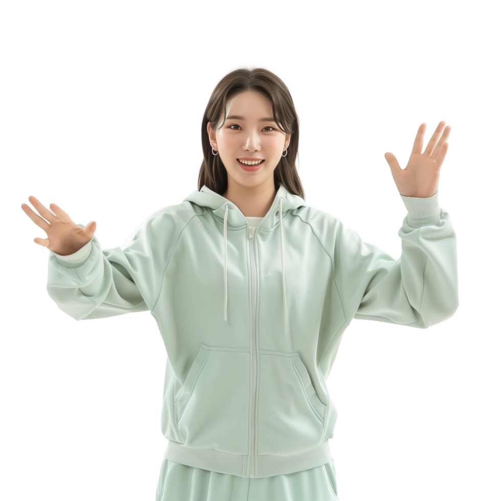 A Korean woman in a tracksuit is gesturing, with a smile on his face, front, isolated on a transparent background png
