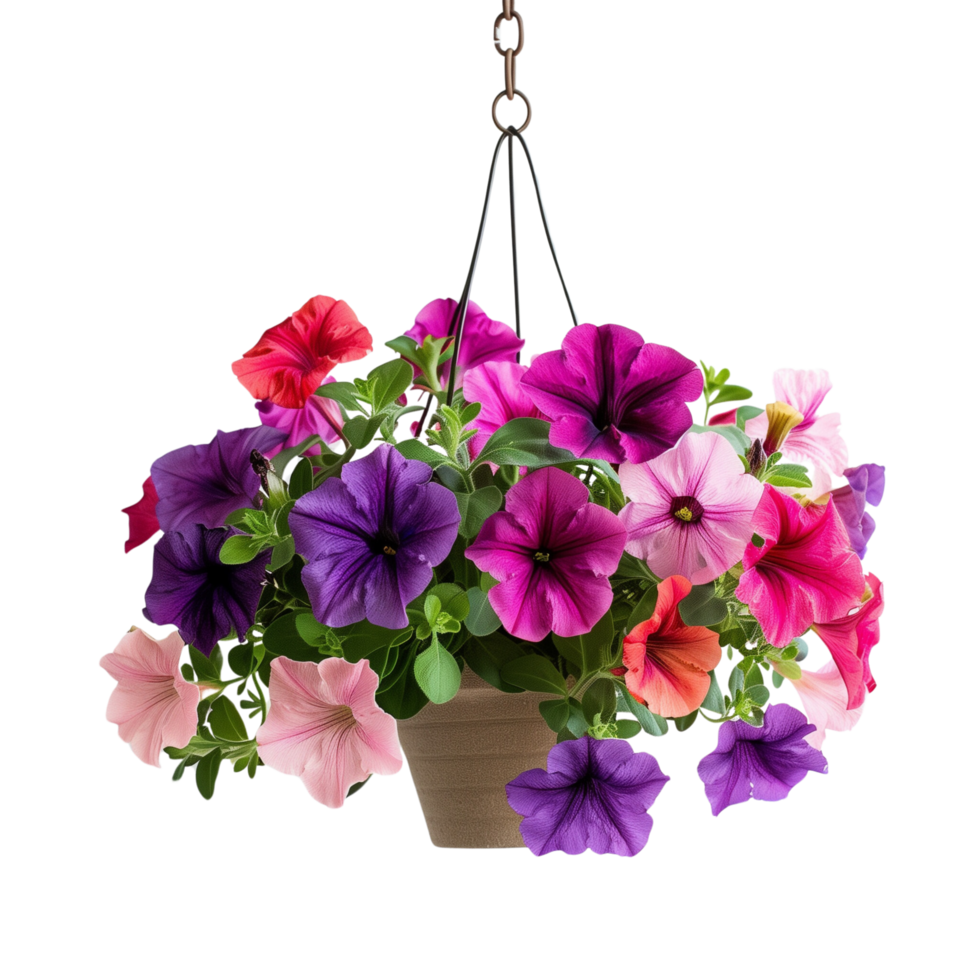 A minimalist arrangement of petunia plant in hanging pot, their vibrant hues creating a striking contrast isolated on a transparent background png