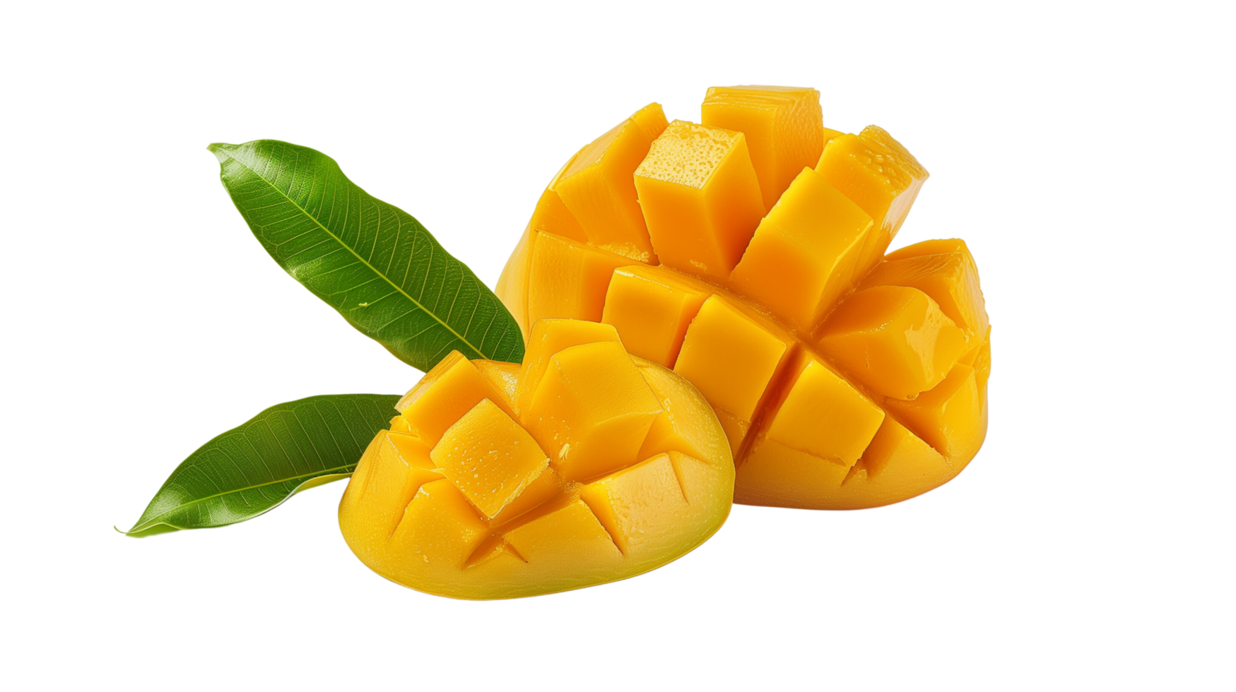 A perfectly ripe cut mango with a green leaf, isolated on a transparent background png