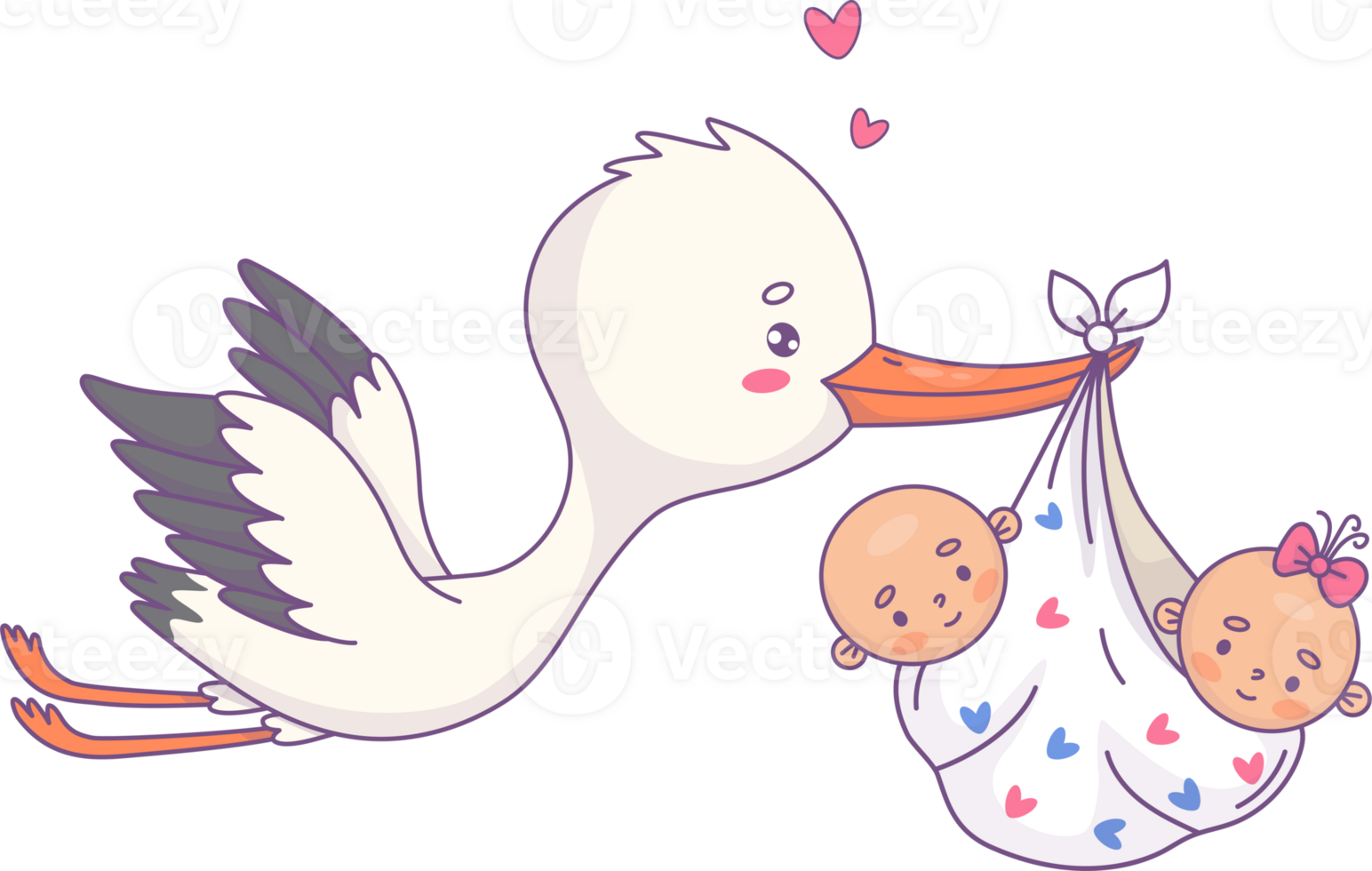 ooievaar vliegend met twee tweeling baby's png