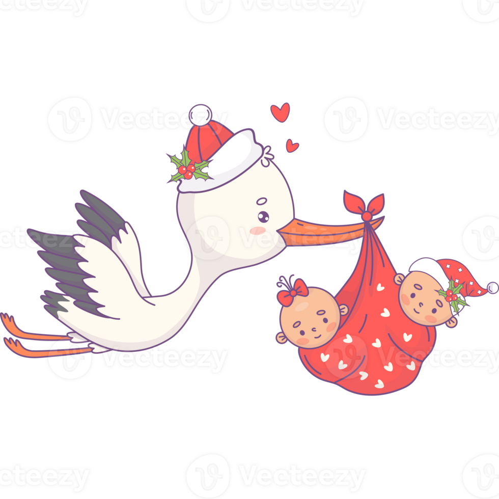 Christmas stork and two twin babies girl and boy png