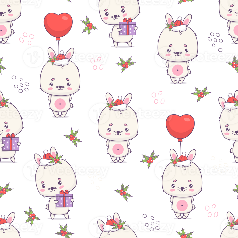 Christmas seamless pattern with rabbit in Santa hat png