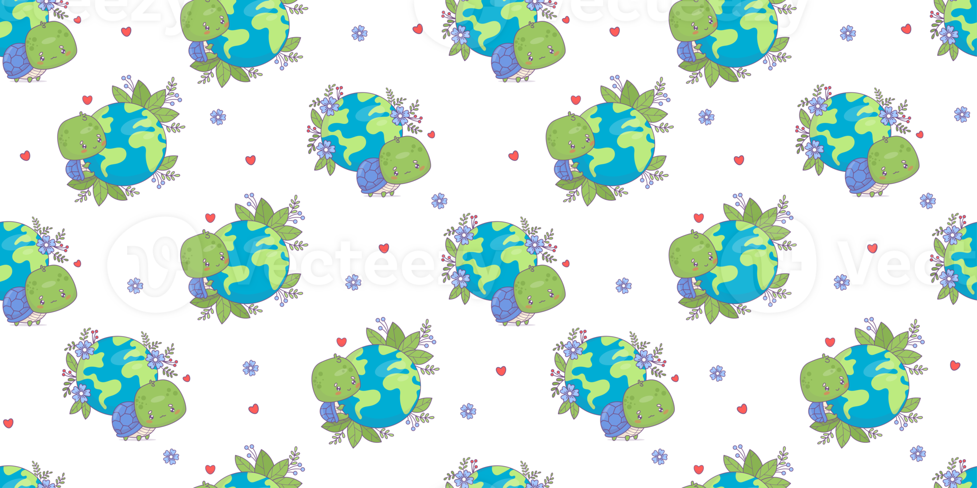 Ecology seamless pattern turtle character with planet Earth and flowers png