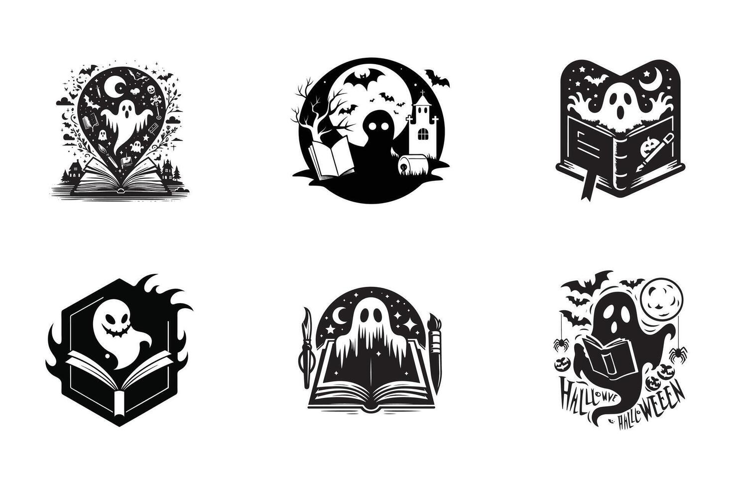 set of Halloween ghost book logo silhouette icon design black and white vector