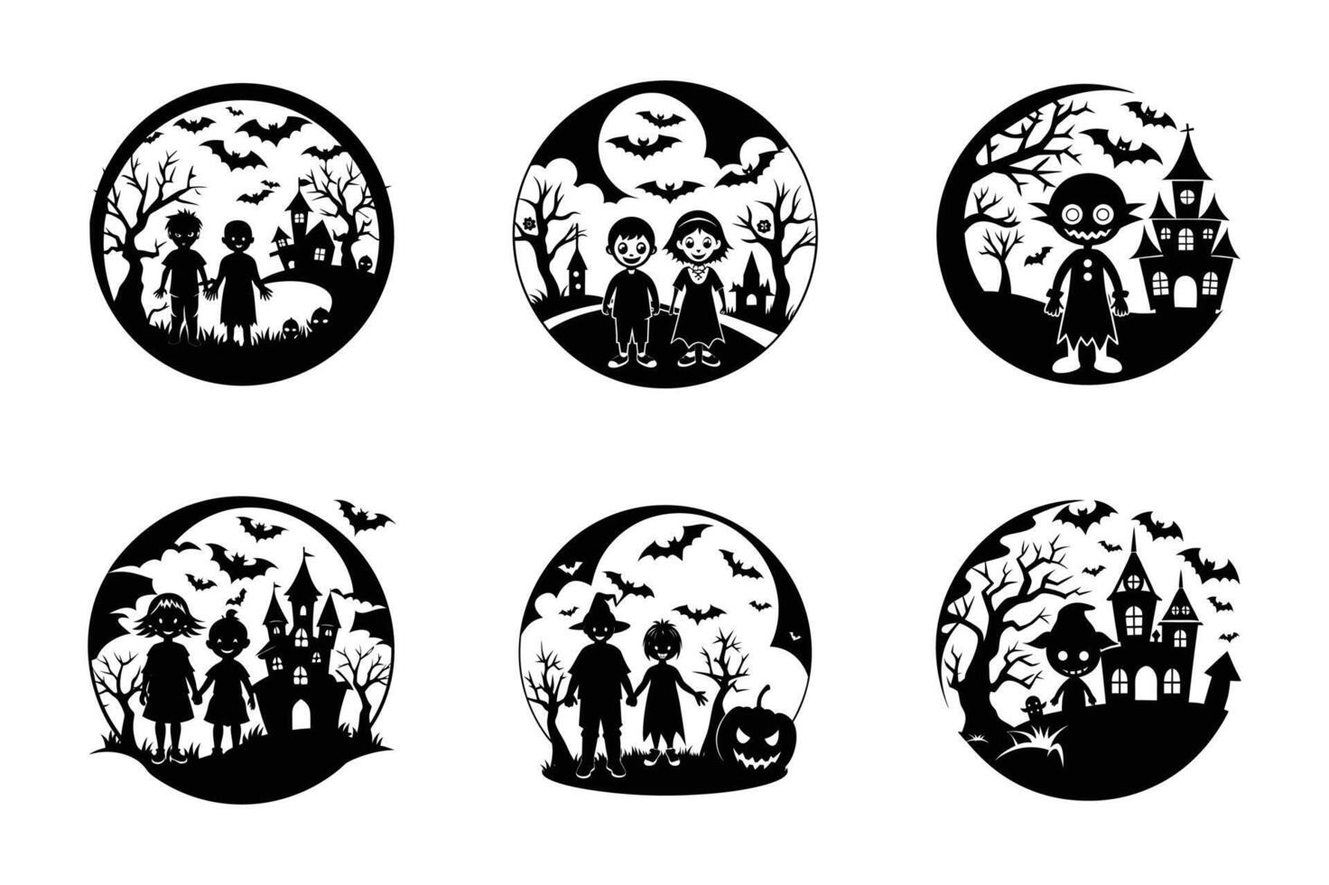 set of Halloween kids art logo silhouette icon design black and white color vector