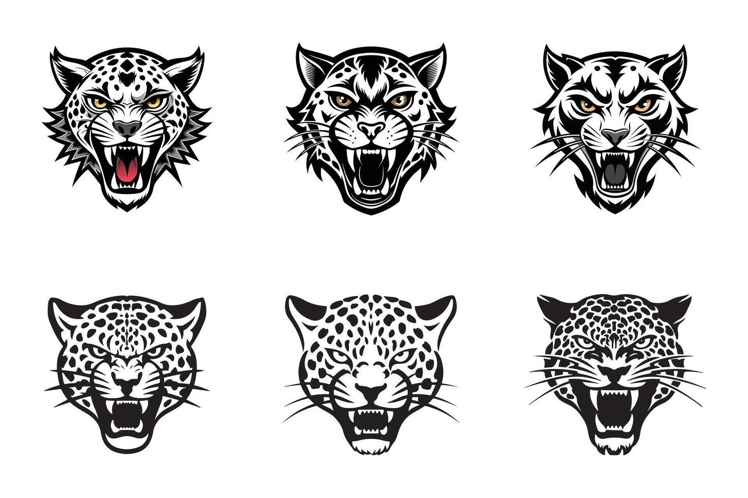set of leopard aggressive face , silhouette, logo design black and white vector