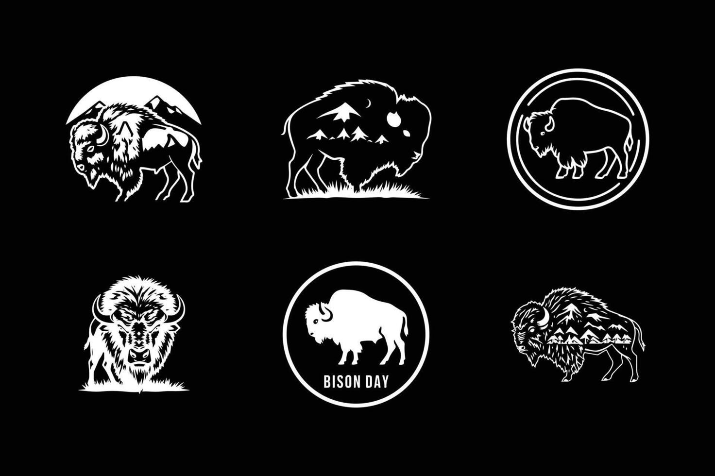 set of bison day silhouette logo design black and white vector